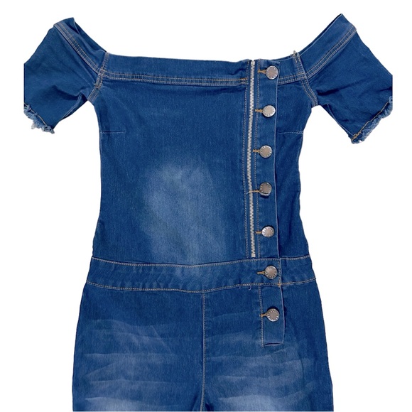 VIP Jeans Moto Stretch Jumpsuit off shoulder with side zip button size 9 - Picture 3 of 7